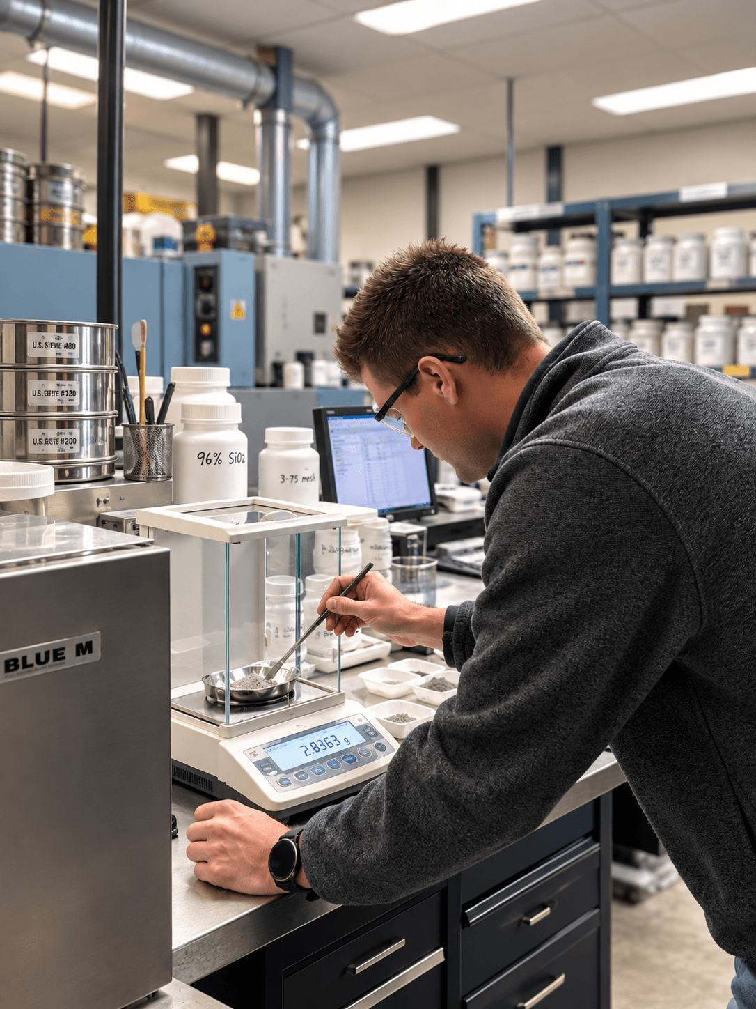 Ceramic engineer weighing ceramic material on precision scale in lab.