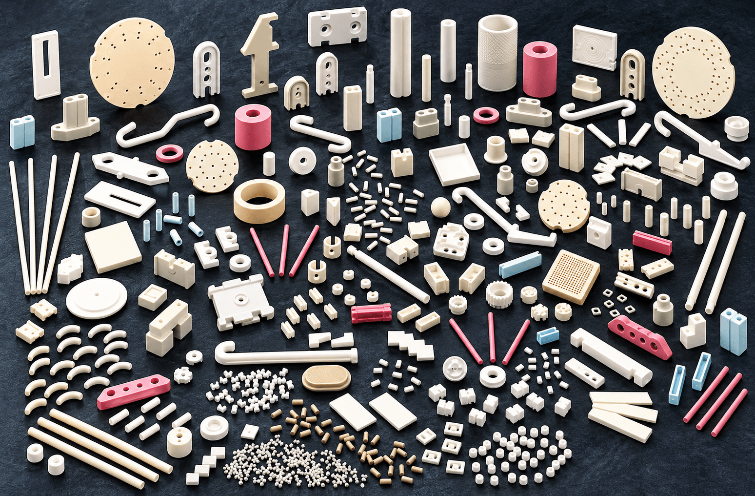 Assortment of ceramic parts manufactured at Associated Ceramics with varying dimensions, applications, and materials.