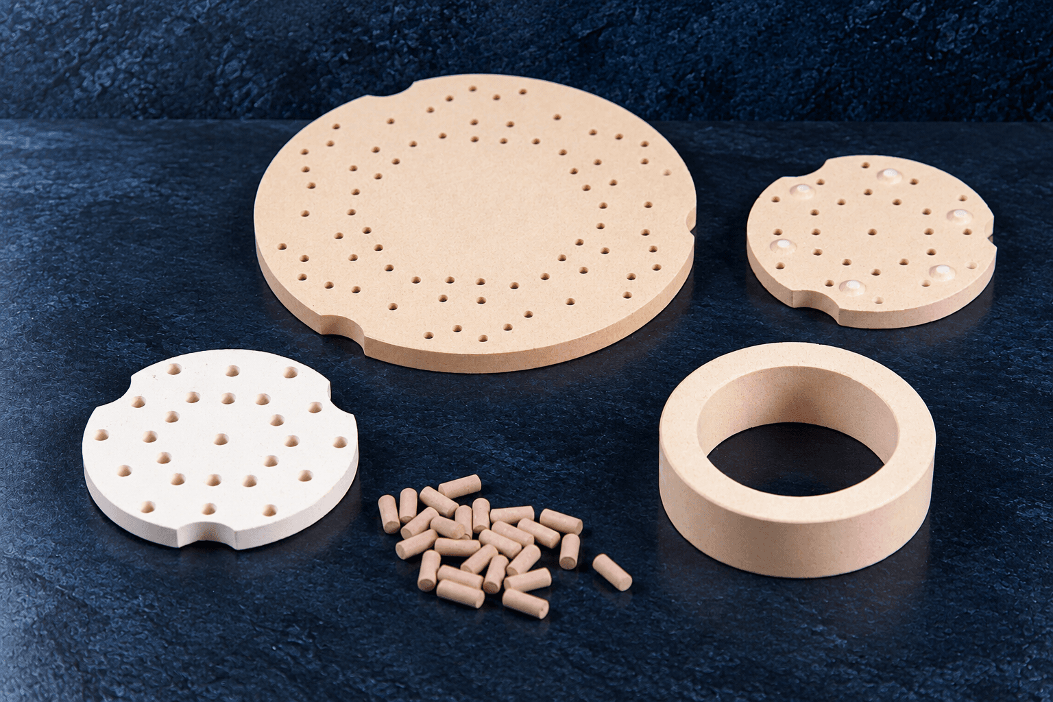 Thermally stable wollastonite ceramic components designed for kiln furniture and high-temperature processing.