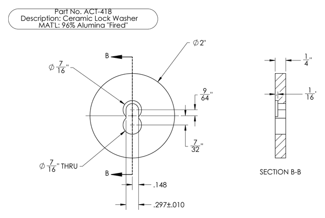 Drawing of ceramic lock washer ACT-418 in 96% alumina: 2 in. diameter, 1/4 in. thick, with a keyhole slot