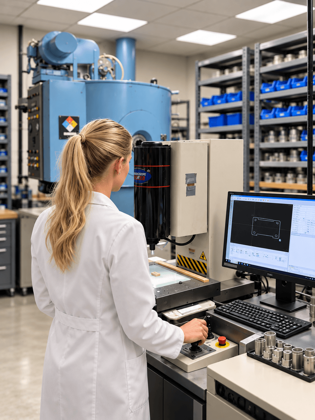 Associated Ceramics engineer inspecting a precision ceramic component on an OGP optical measuring machine.